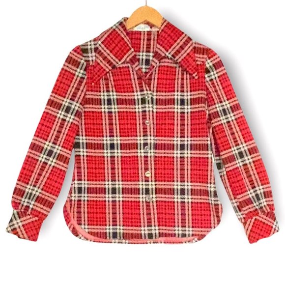 vtg womens Judy Way red plaid wide collar button blouse XS-S - Picture 1 of 10